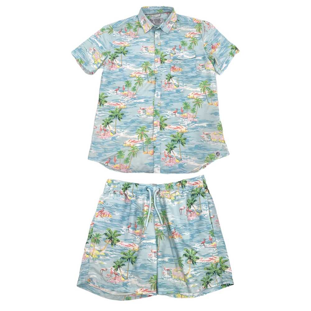 Free Planet Blue Pink Tropical Flamingo Print Button-Up Shirt & Swim Trunks Set